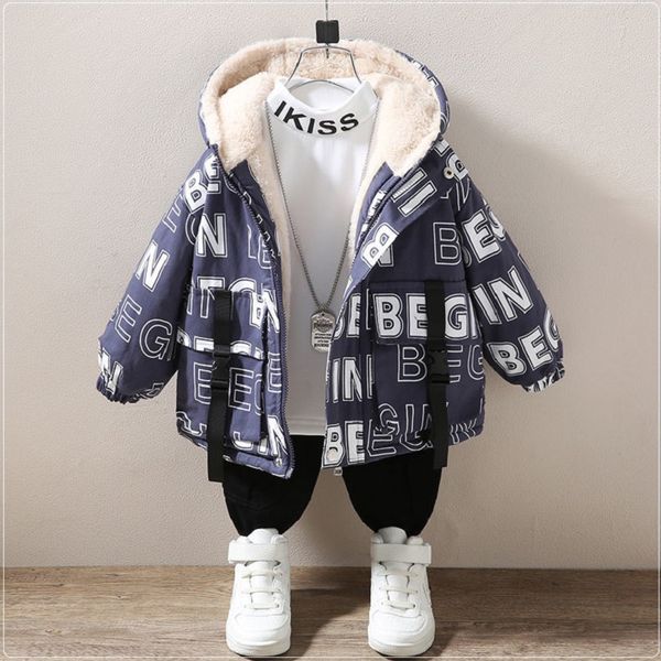 

winter boys coat baby hooded cotton plus velvet thicken warm jacket for childrens outwear jacket for boys kids clothes 2-7years, Blue;gray