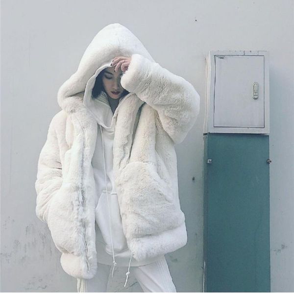 

women's fur & faux 2022 women autumn winter imitation rex coats female solid color hooded outwear ladies plush jackets y938, Black
