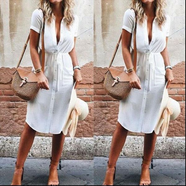 

elegant short sleeve shirt women dress summer solid single breasted beach casual adjusted waist mini party vestido, Black;gray