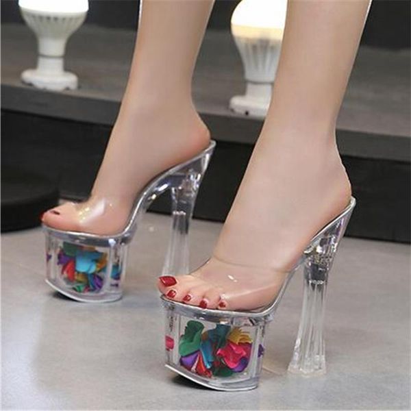 

women slippers summer 2021 crystal chunky heels 17/20 cm transparent sandals cool pumps female's wedding shoes plus 34-43, Black