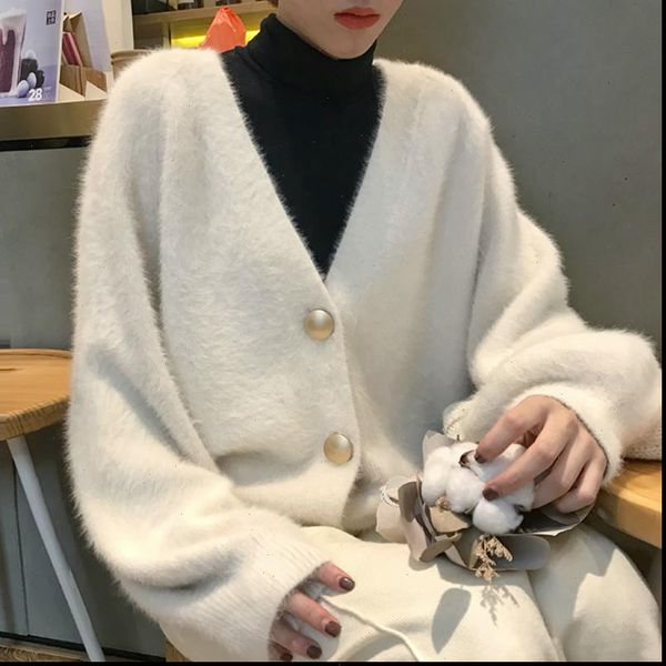 

women sweater autumn winter mink velvet white coat long sleeve cozy knitted cardigan warm outerwear loose, White;black
