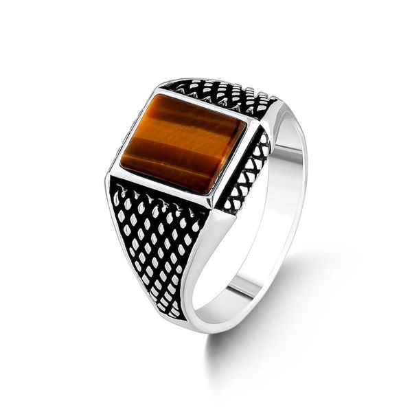 

cluster rings solid 925 sterling silver men brown tiger eye gemstone ring antique, Golden;silver