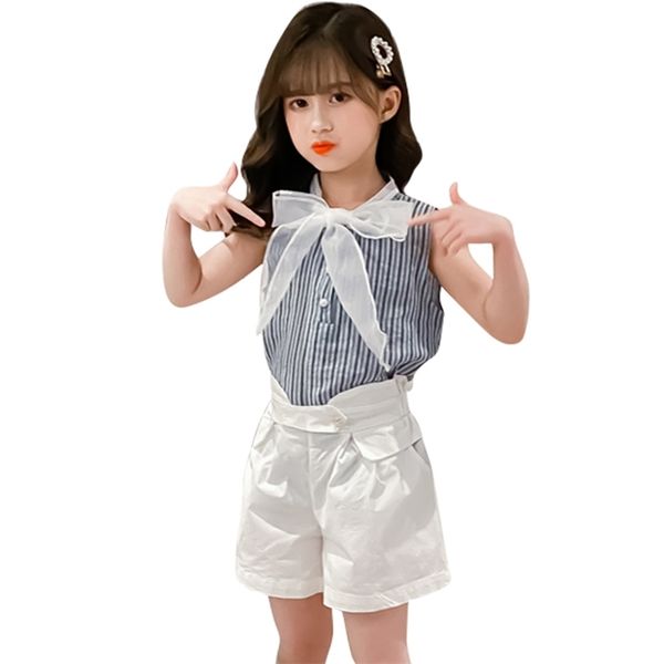 

children clothes striped vest + short tracksuits for girls kids summer children's girl 6 8 10 12 210528, White