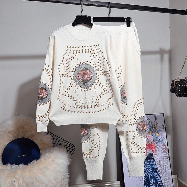 

women's two piece pants fabpop 2021 autumn winter long sleeve o neck knitted embroidery sweater jumper elastic set tracksuit women gd02, White