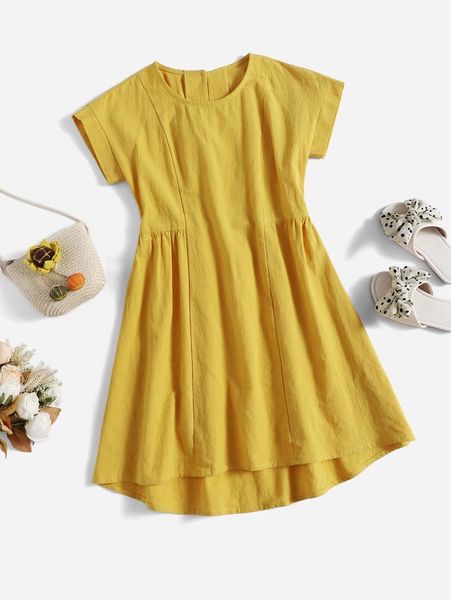 

girls solid high low hem dress she, Red;yellow