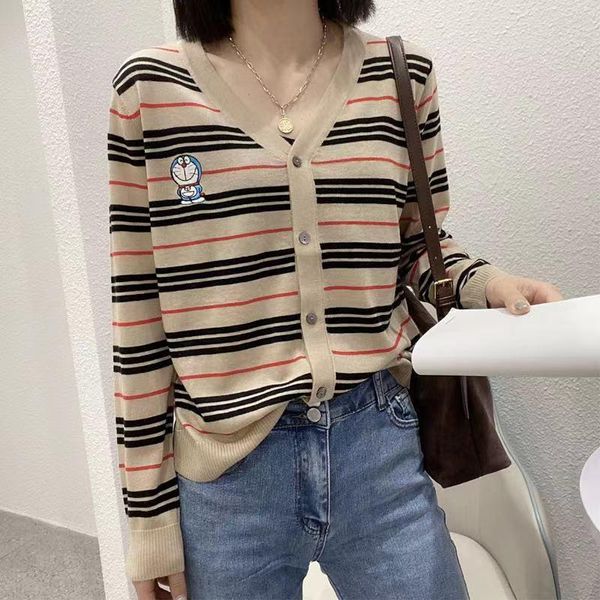 

women's knits & tees spring and autumn sweater cardigan embroidery long sleeve coat stripe fashion casual loose shawl lady, White