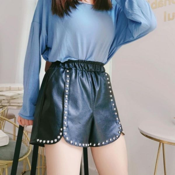 

women's shorts 2021 autumn winter women elegant faux leather female high waist wear ladies beading casual a-line h427, White;black