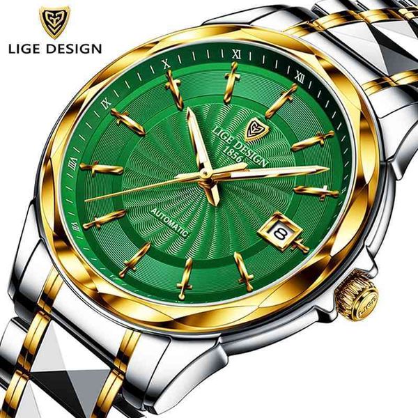 

lige brand luxury automatic mechanical watch for men tungsten steel waterproof self-wind sapphire glass business clock 210527, Slivery;brown