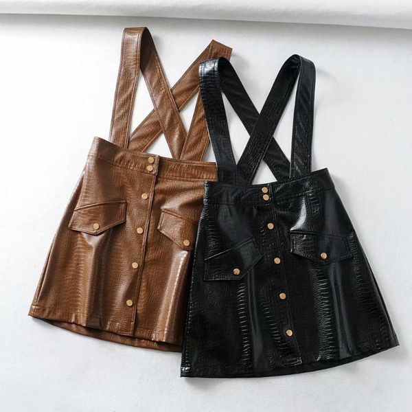 

skirts single-breasted leather strap womens waist mini brown black skirt vintage suspender 2021
