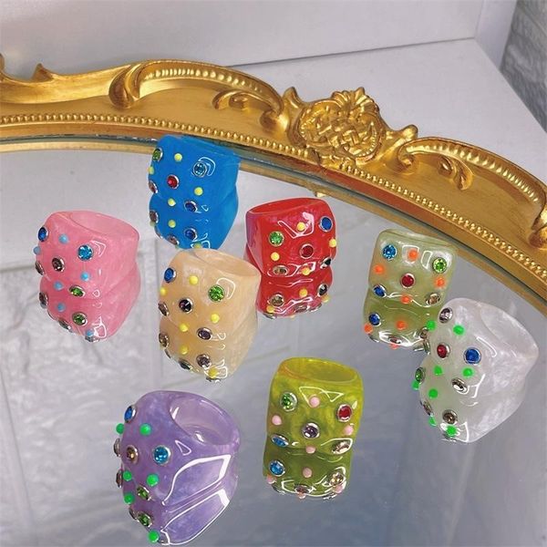 

cluster rings colorful rhinestone geometric square finger for women vintage resin acrylic crystal ring fine party jewelry, Golden;silver