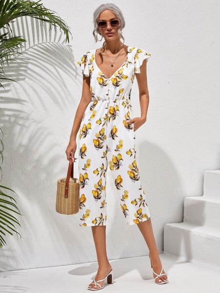 

lemon print ruffle trim culotte jumpsuit v2ip#, White