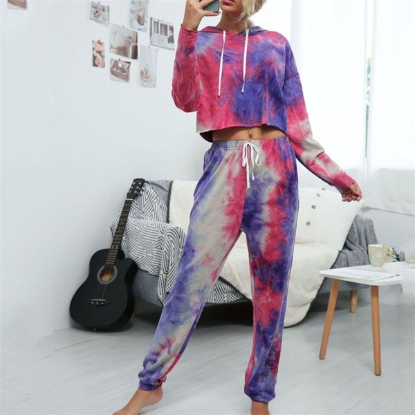 Felpa con cappuccio autunno e inverno con coulisse a maniche lunghe tie-dye tuta sportiva casual maglione donna due pezzi set top pantaloni 210508