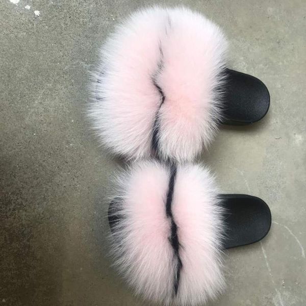 

slippers uxury rainbow big size fuzzy real raccoon fur slides fo, Black