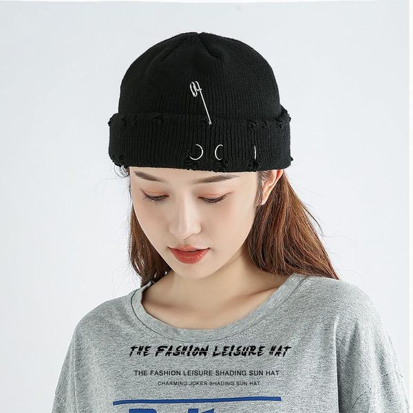 

ball caps winter knitted beanie hat with pins o-ring vintage distressed hole solid color hip hop stretch cuffed skull cap, Blue;gray
