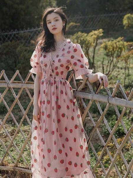 

women's tanks & camis summer short-sleeved mesh stitching strawberry dress with waistband pink fairy clothes girl first love vinta, White