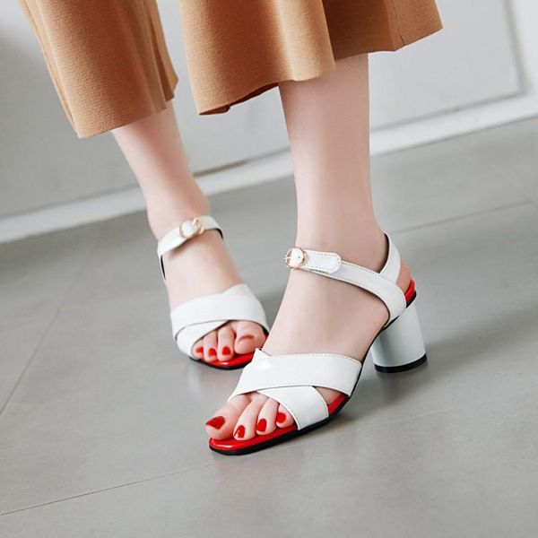 

summer women sandals round high heels mixed color patent leather office lady shoes fashion 34-43 large size black
