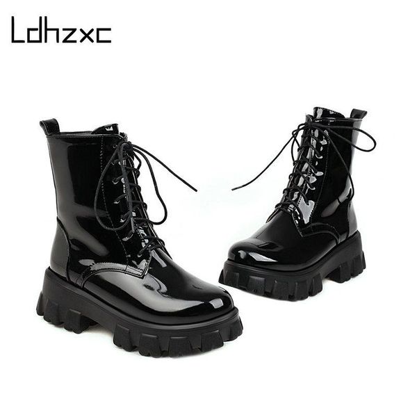 

boots ldhzxc punk women ankle pu leather side zipper shoes woman med heels fashion winter motorcycle, Black
