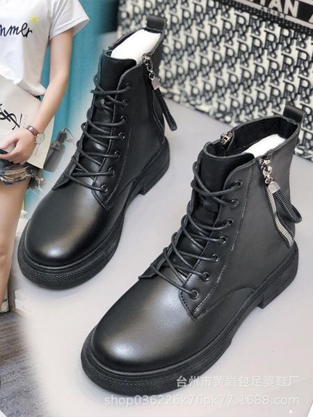 

boots 2021 autumn and winter female british style lace-up side zipper thick-soled motorcycle short shoes, Black