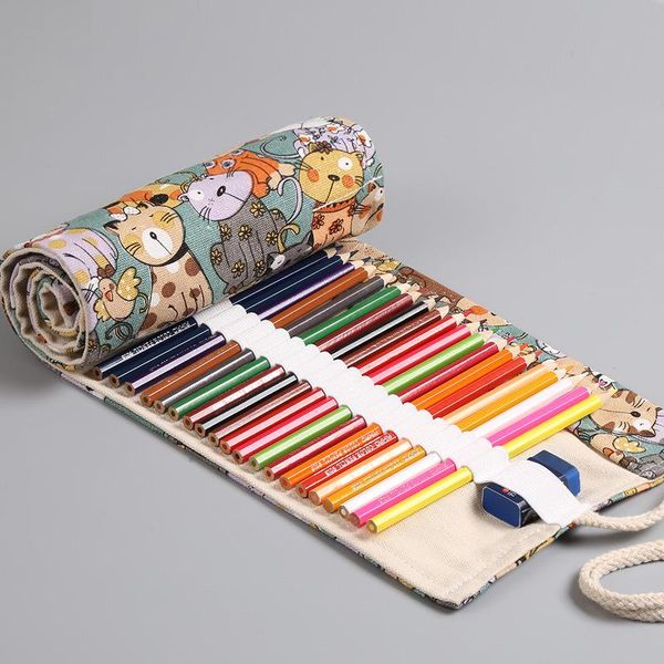 

pencil bags pure cotton large capacity 36/48/72slot canvas bag cartoon cat wrap fold pouch stationery office school supplies h6756