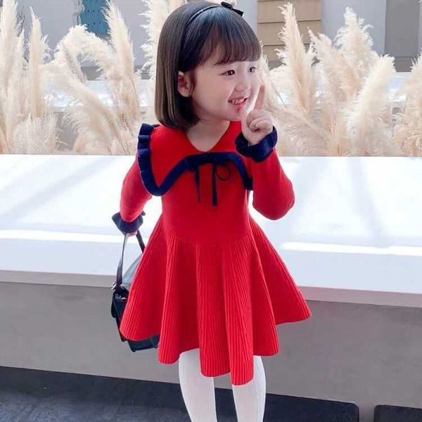Платья для девочек, новые весенние и осенние корейские детские вязаные свитера в западном стиле, вишневый свитер, сапфирово-синяя одежда для девочек