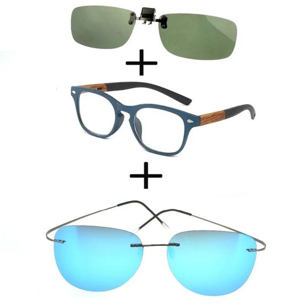 

sunglasses 3pcs comfortable wood squared frame reading glasses for men women + alloy polarized pilot clip, White;black