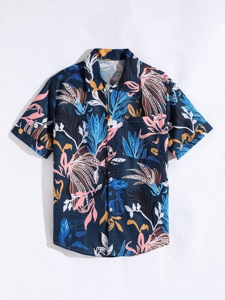 

men random tropical print patched pocket shirt 09rq#, White;black