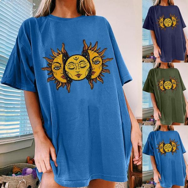

vintage women's t-shirts sun moon print pattern shirt casual short sleeve shirts o-neck pullover t-shirt man women clothing, White