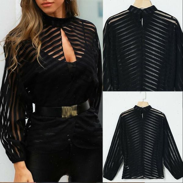 

women shirts shirt mesh net blouse sheer long sleeve black front hollow clothing female see though solid blouses, White