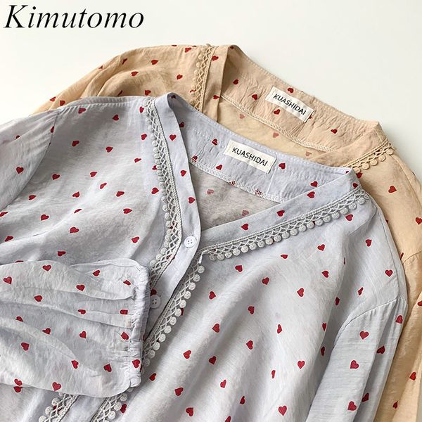 

kimutomo lace patchwork blouse female heart print v-neck single breasted shirt summer korean fresh style ladies 210521, White