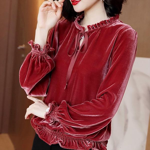 

autumn winter velvet women blouses vintage long sleeved bow ruffled casual loose ladies female clothes, White