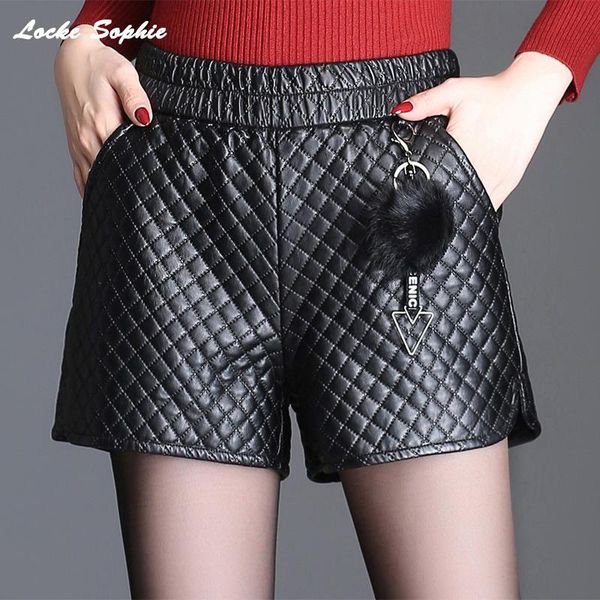 

women's shorts 1pcs elastic hight waist skirts wide leg 2021 autumn fashion pu leather faux fur plaid short ladies skinny, White;black