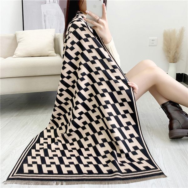 

tippet muffler scarf korean h letter imitation cashmere scarf in autumn and winter 2021 lengthened thickened double-sided jacquard warm wome, Blue;gray