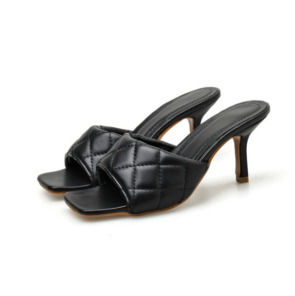 

luxury mules thin high heel sandals square toe leather rome slippers shoes slip-on women summer fashion dress sandalias, Black