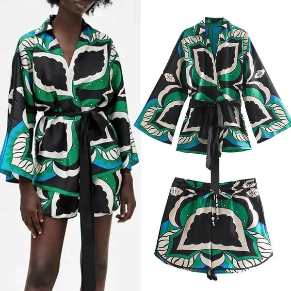 

women's tracksuits bermuda shorts women summer sets green lapel shirt suit female high waist two piece set loose printing short, Gray