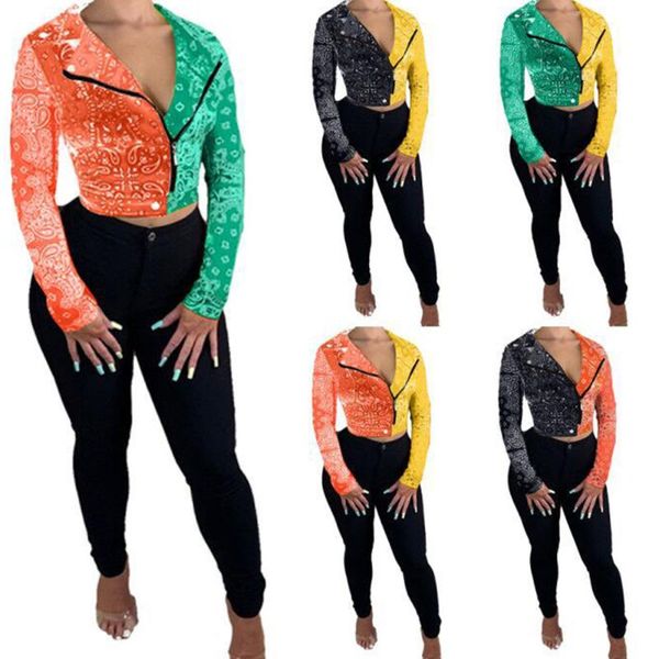 

bandanna paisley print casual cropped jacket women turn down collar long sleeve slim coat streetwear color block zipper outwear women's, Black;brown