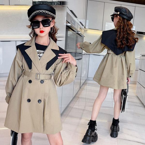 

coat teenagers girl trench mid-length children princess style outerwear khaki girls clothes autumn splicing kids outdoor jacket, Blue;gray