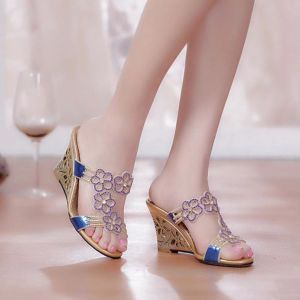 

dress shoes crystal women's sandals and slippers slope heel hollow rhinestone high diamond-studded, Black