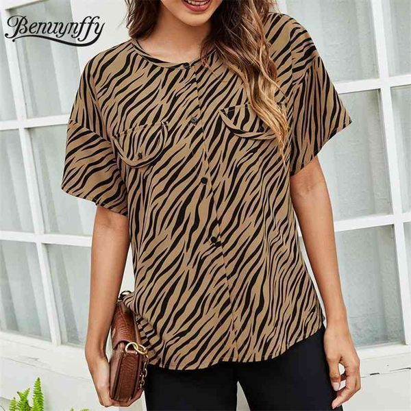 

o-neck zebra stripe women shirts fashion button up summer short sleeve side split casual streetwear female 210510, White
