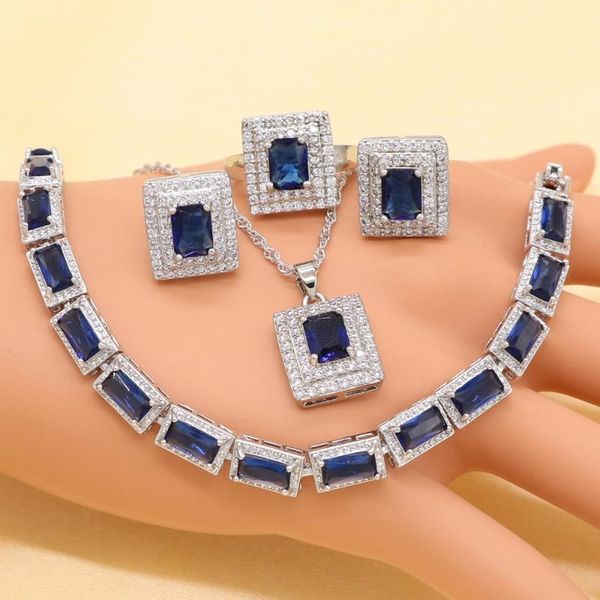 

earrings & necklace xutaayi brand blue stones silver jewelry sets for women stud bracelet ring pendant gift box