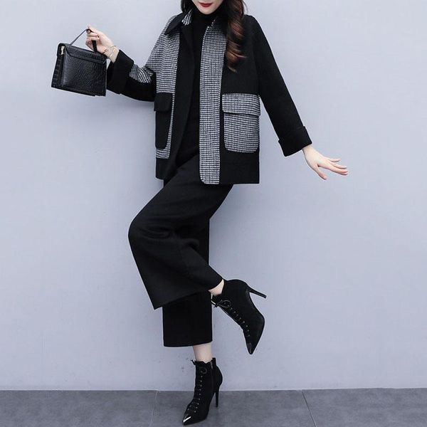 

women's two piece pants single /set style autumn winter woolen cloth ladies two-piece suit grid + wide leg women, White