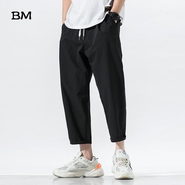 

summer thin casual straight pants japanese harajuku loose large size nine-point 5xl solid color fashion men men's, Black