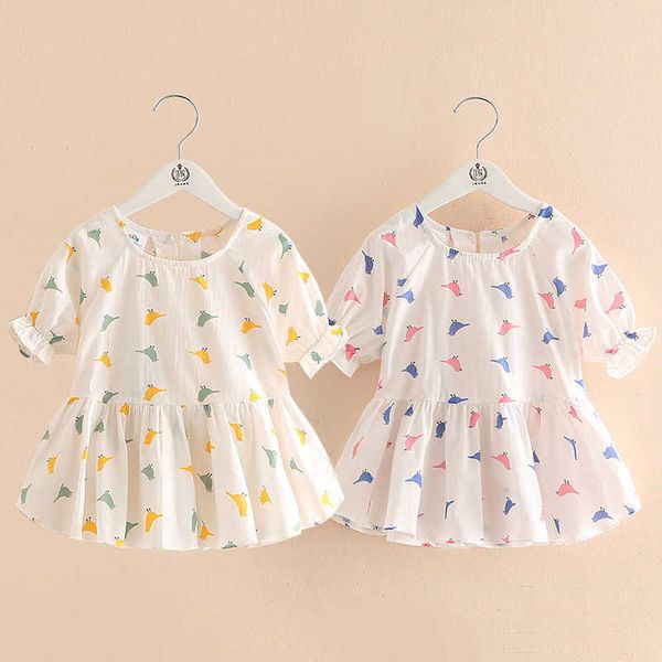 

summer 2 3 4 6 8 9 10years thin sweet cute cartoon animal print blouse baby kids girls short lantern sleeve dress shirt 210529, White;black