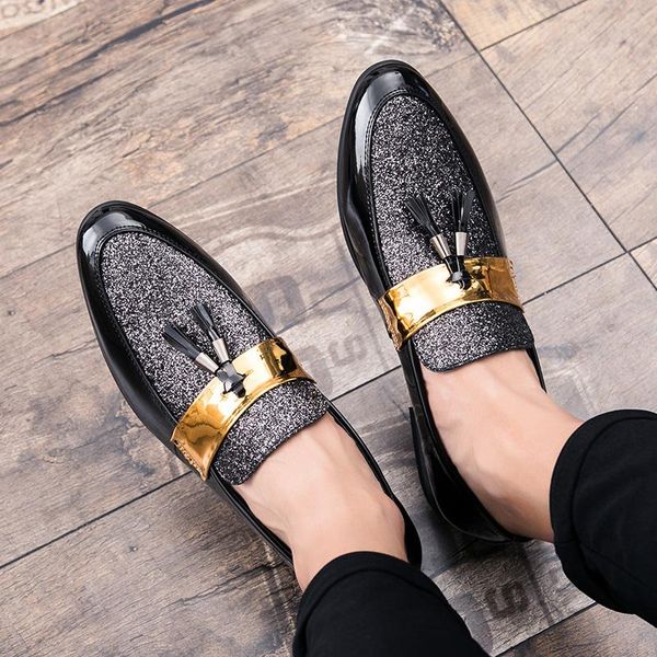 

dress shoes men shadow patent leather 2021 fashion gold wedding party golden 38-48 formal, Black