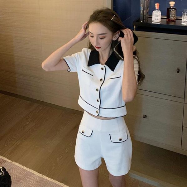 

women's tracksuits office lady summer two piece set women single breasted cropped shirts + high waist shorts tracksuit elegant luxury c, Gray