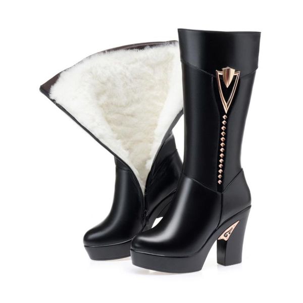 

boots women long shoes platform high heel 2021 winter cow leather thick wool fashion footwear with, Black