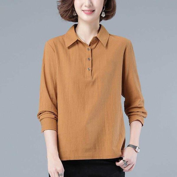 

women's spring autumn style cotton linen blouses shirt solid color button long sleeve loose casual df3889 210609, White
