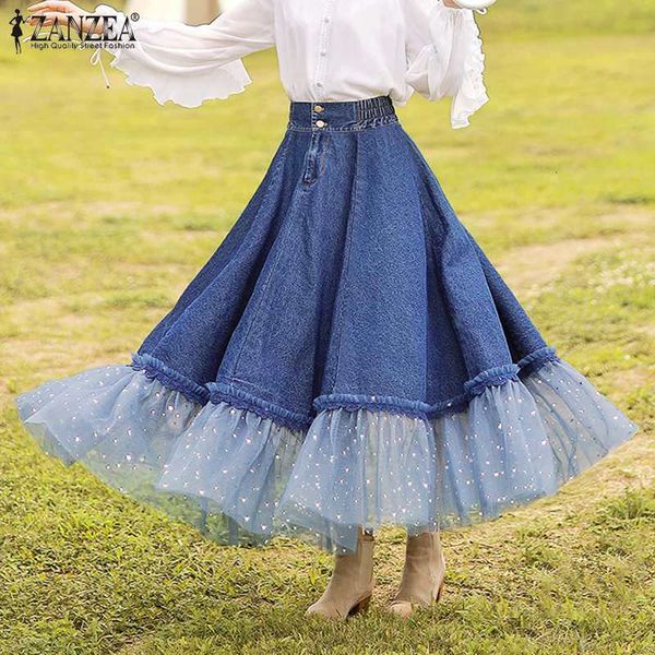 

skirts casual zipper high waist 2021 sping denim blue skirt fashion patchwork lace female party plus size 7tma, Black