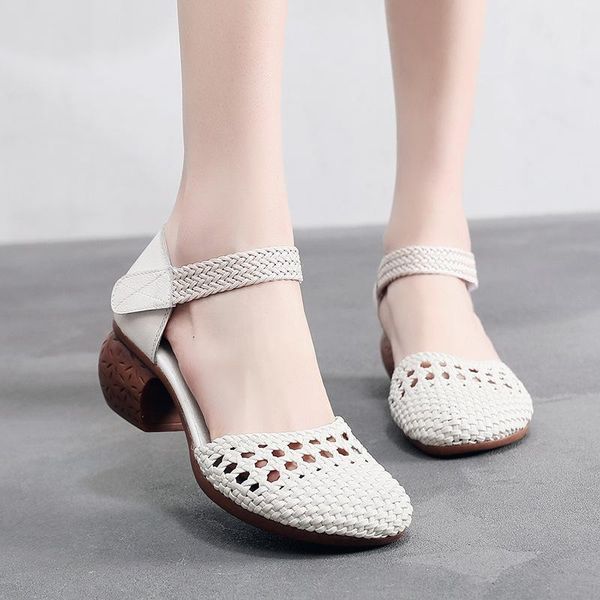 

summer style retro leather ladies casual shoes thick mid-heel woven sandals women yy-16, Black