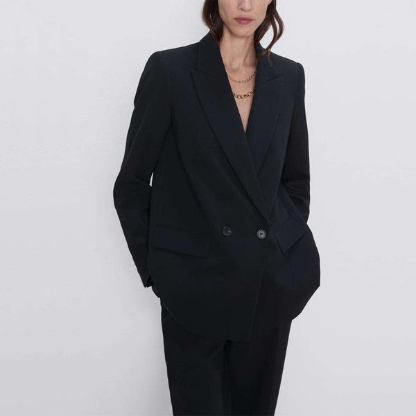 

autumn and winter women's blazer jacket casual solid color double-breasted pocket decorative coat suits & blazers, White;black
