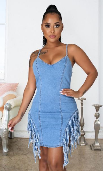 

casual dresses 2021 arrival fashion design denim dress solid tassel spaghetti strap summer mini vestidos, Black;gray